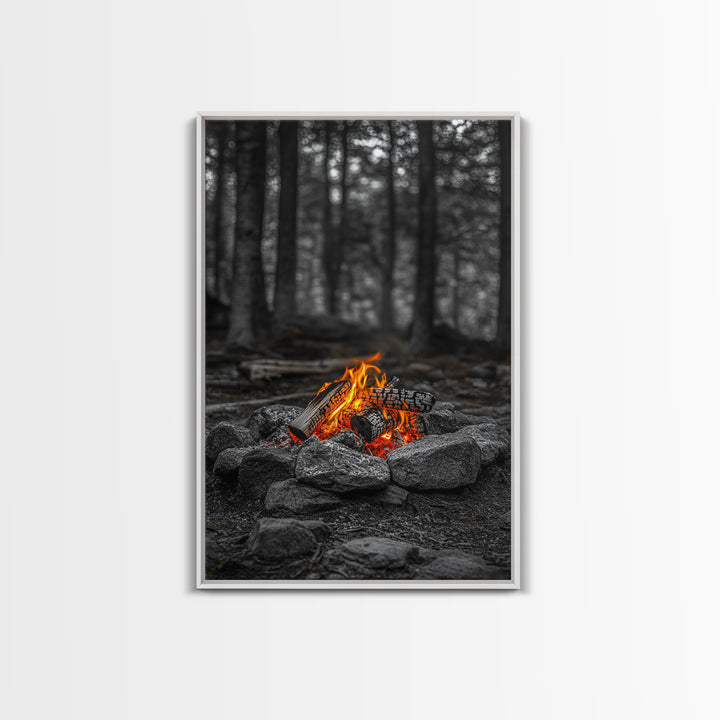 Campfire Glow, Cozy Flames, Autumn Wall Art, Framed Canvas Print, Nature Photography, Rustic Decor, Living Room Cabin Aesthetic