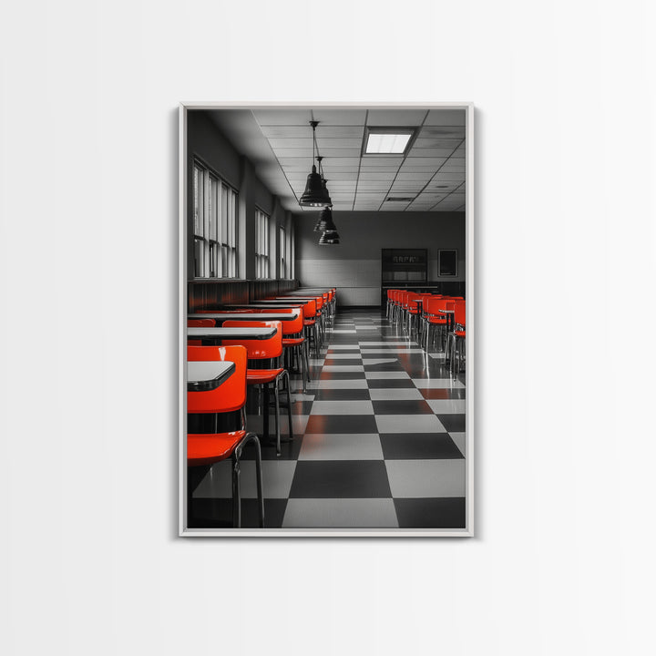 Retro Cafeteria, Red Chairs, Midcentury Modern Art, Canvas Print, Black and White Pop Art, Kitchen Wall Decor, Industrial Style