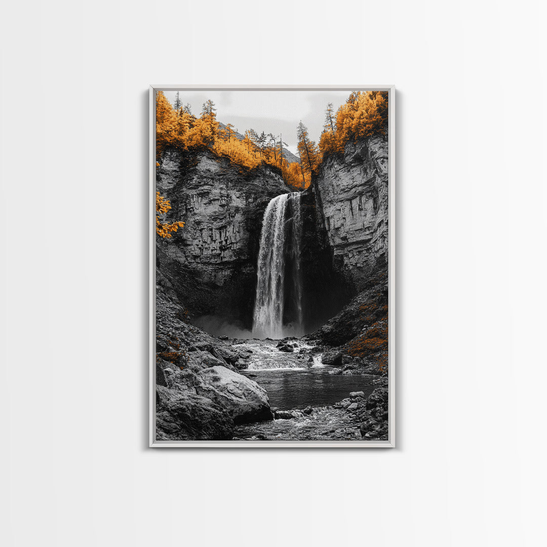 Autumn Waterfall, Forest Stream, Yellow Trees, Canvas Print, Nature Wall Art, Fall Decor, Moody Landscape Art, Living Room Wall Art