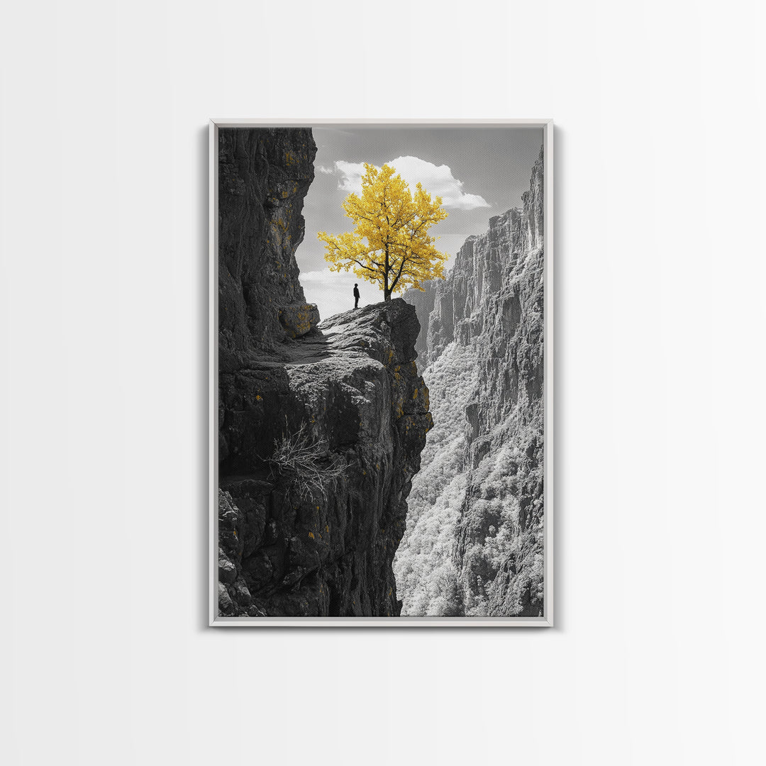 Cliff Tree, Yellow Foliage, Hiker Scene, Framed Canvas Print, Landscape Art, Fall Wall Decor, Adventure Wall Art, Office Statement Piece