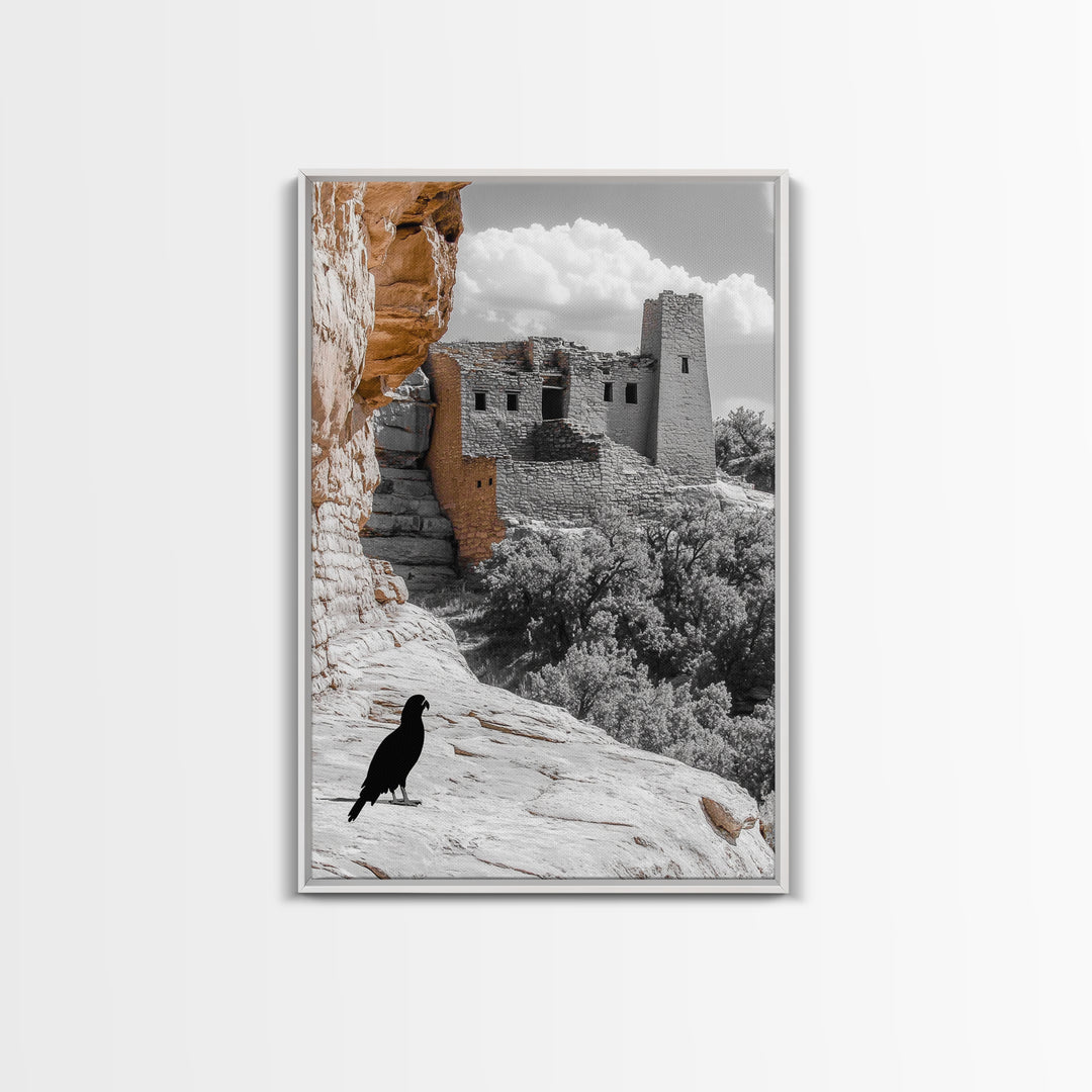 Desert Ruins, Black Bird, Ancient Architecture, Canvas Print, Historical Wall Art, Southwestern Decor, Moody Earth Tones, Living Room Art