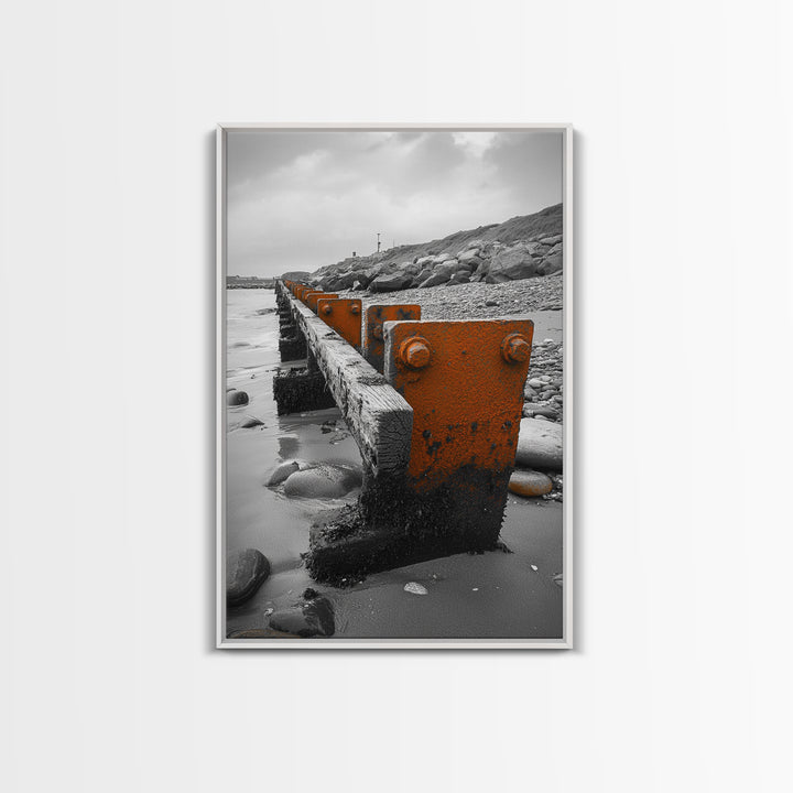 Coastal Breakwater, Rust Texture, Industrial Seascape, Framed Canvas Print, Modern Rustic Wall Art, Ocean Decor, Urban Beach Style