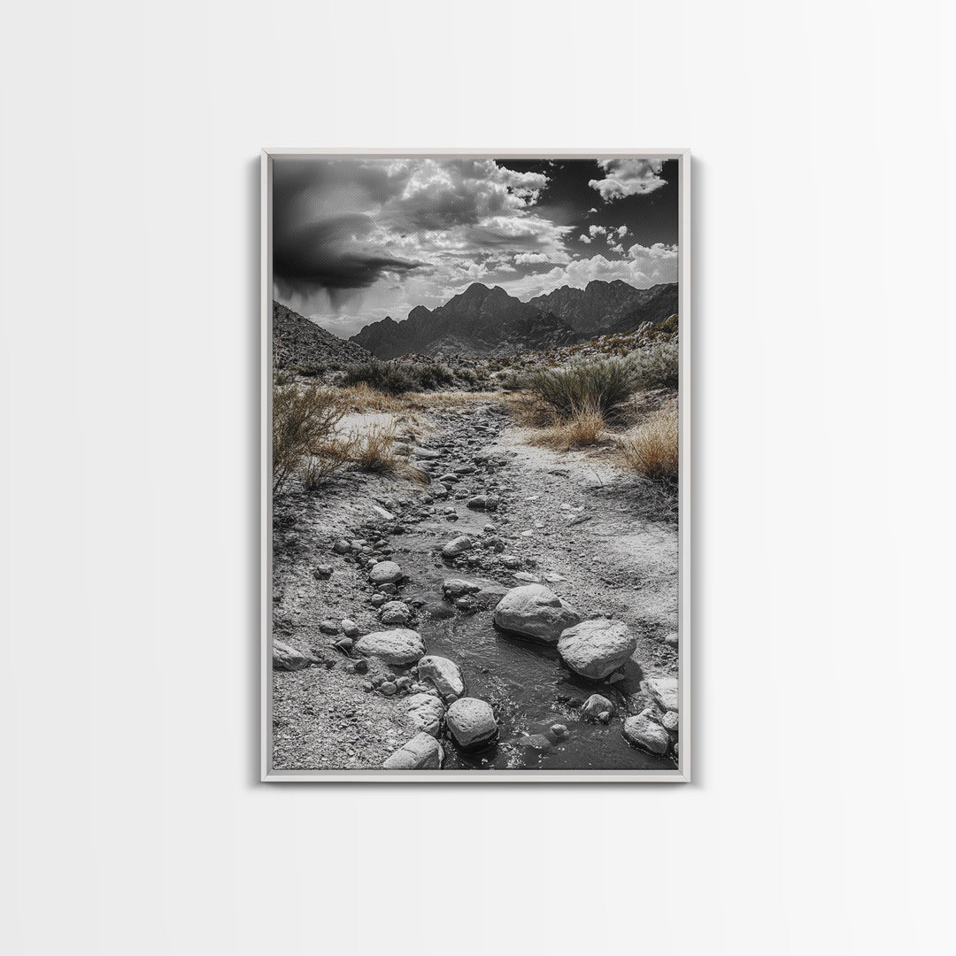 Desert Stream, Rocky Canyon, Moody Sky, Framed Canvas Print, Monochrome Landscape, Minimalist Art, Office or Entryway Decor