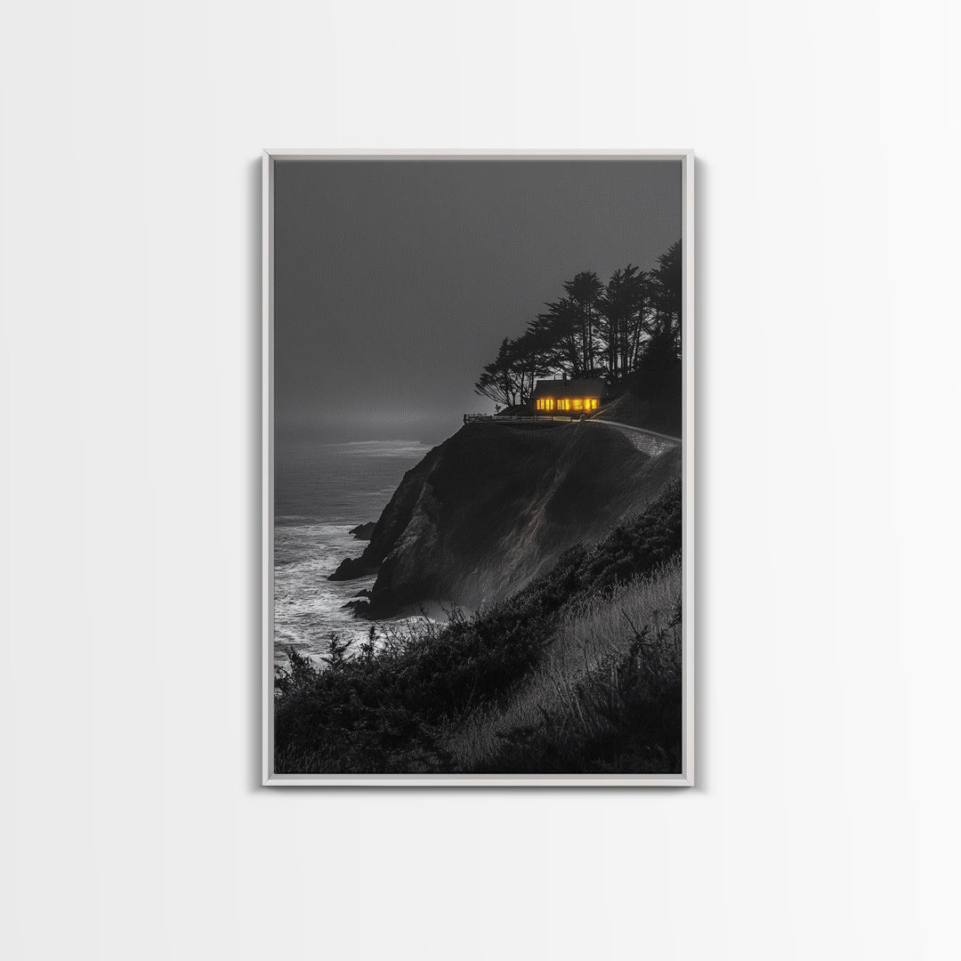 Cabin on Cliff, Moody Coastal Art, Glowing Window, Sunset Seascape, Framed Canvas Print, Minimalist Landscape, Living Room Wall Art
