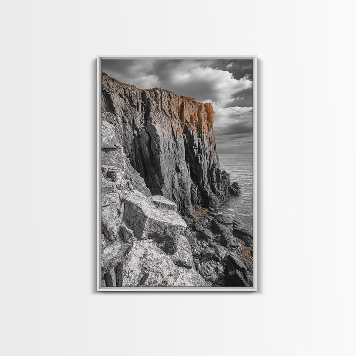 Rugged Cliff Coast, Ocean Rocks, Dramatic Sky, Seaside View, Framed Canvas Print, Coastal Decor, Living Room Wall Art, Earthy Tones