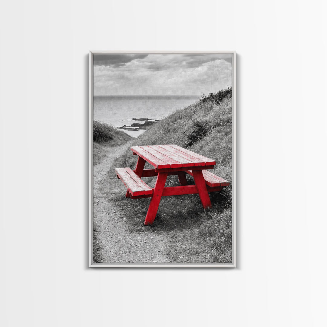 Red Picnic Bench, Ocean View Path, Seaside Escape, Vibrant Accent, Framed Canvas Print, Beach House Wall Art, Modern Coastal Decor