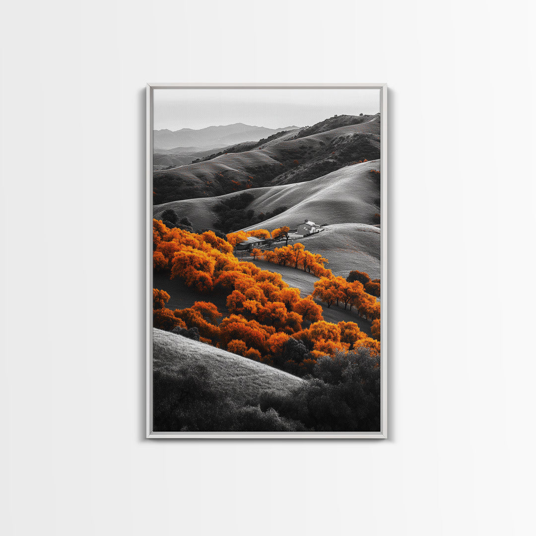 Autumn Hills, Vibrant Trees, Countryside View, Framed Canvas Print, Fall Landscape Art, Farmhouse Decor, Cozy Living Room Accent