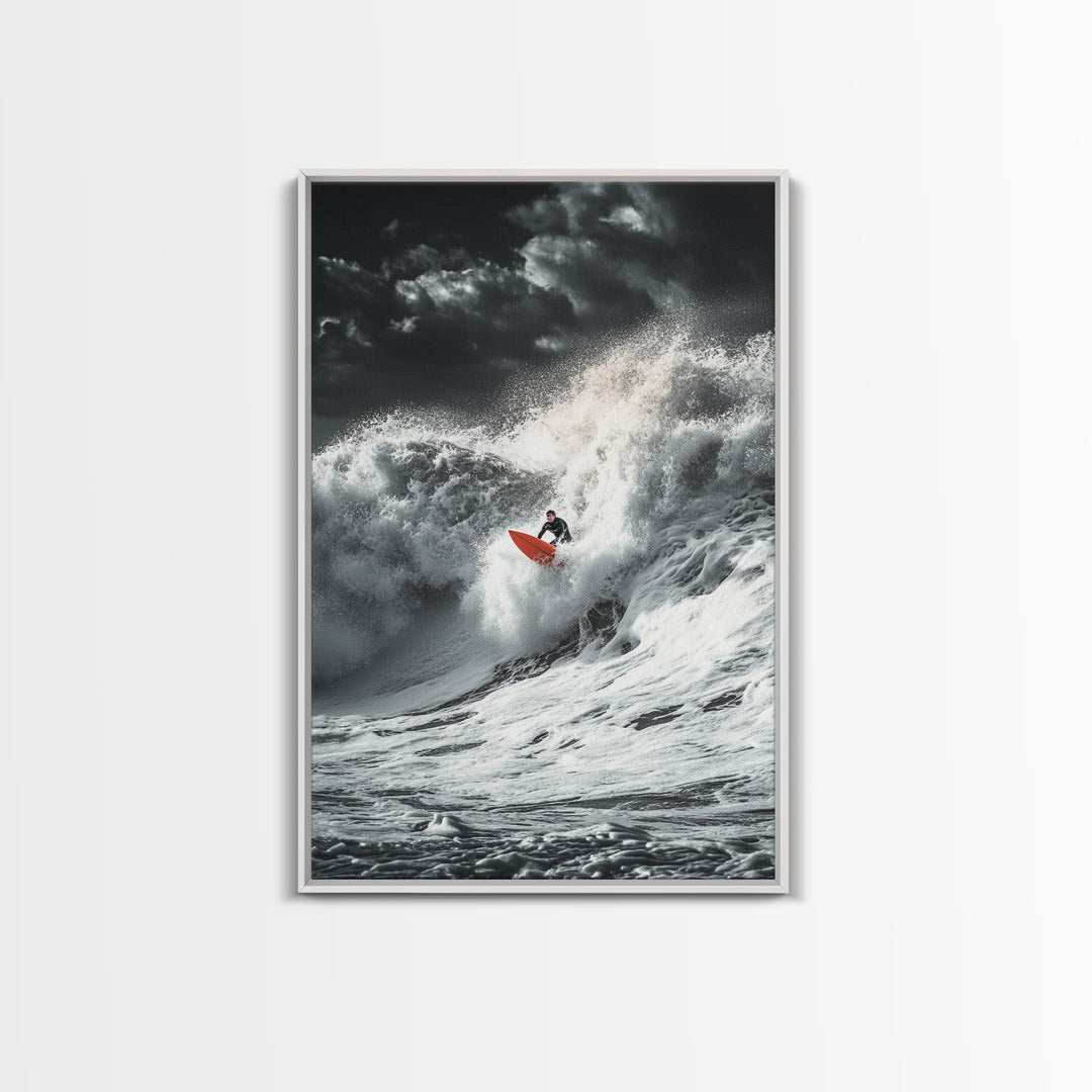 Surfer Wave, Ocean Power, Extreme Sports Art, Framed Canvas Print, Beach House Decor, Surfing Wall Art, Coastal Adventure Scene