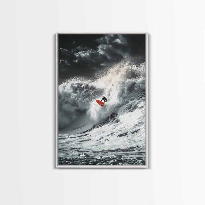 Surfer Wave, Ocean Power, Extreme Sports Art, Framed Canvas Print, Beach House Decor, Surfing Wall Art, Coastal Adventure Scene