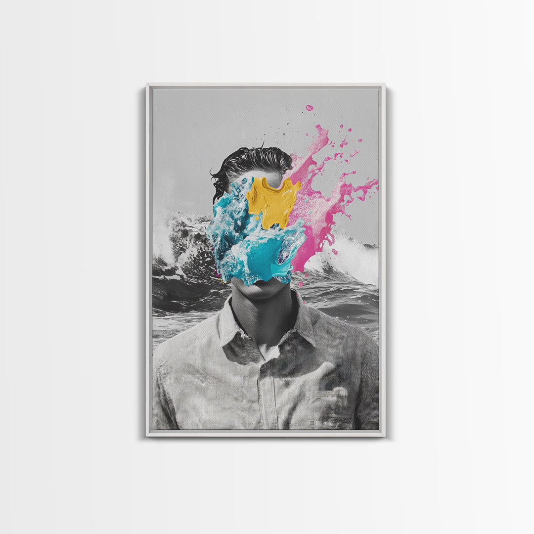 Abstract Portrait, Paint Splash Face, Surreal Ocean Art, Framed Canvas Print, Modern Living Room Art, Pop Surrealism Decor