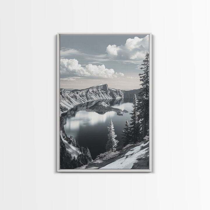 Crater Lake, Snowy Mountains, Scenic Reflection View, Framed Canvas Print, Cabin Wall Art, Winter Landscape Decor, Nature Vibes