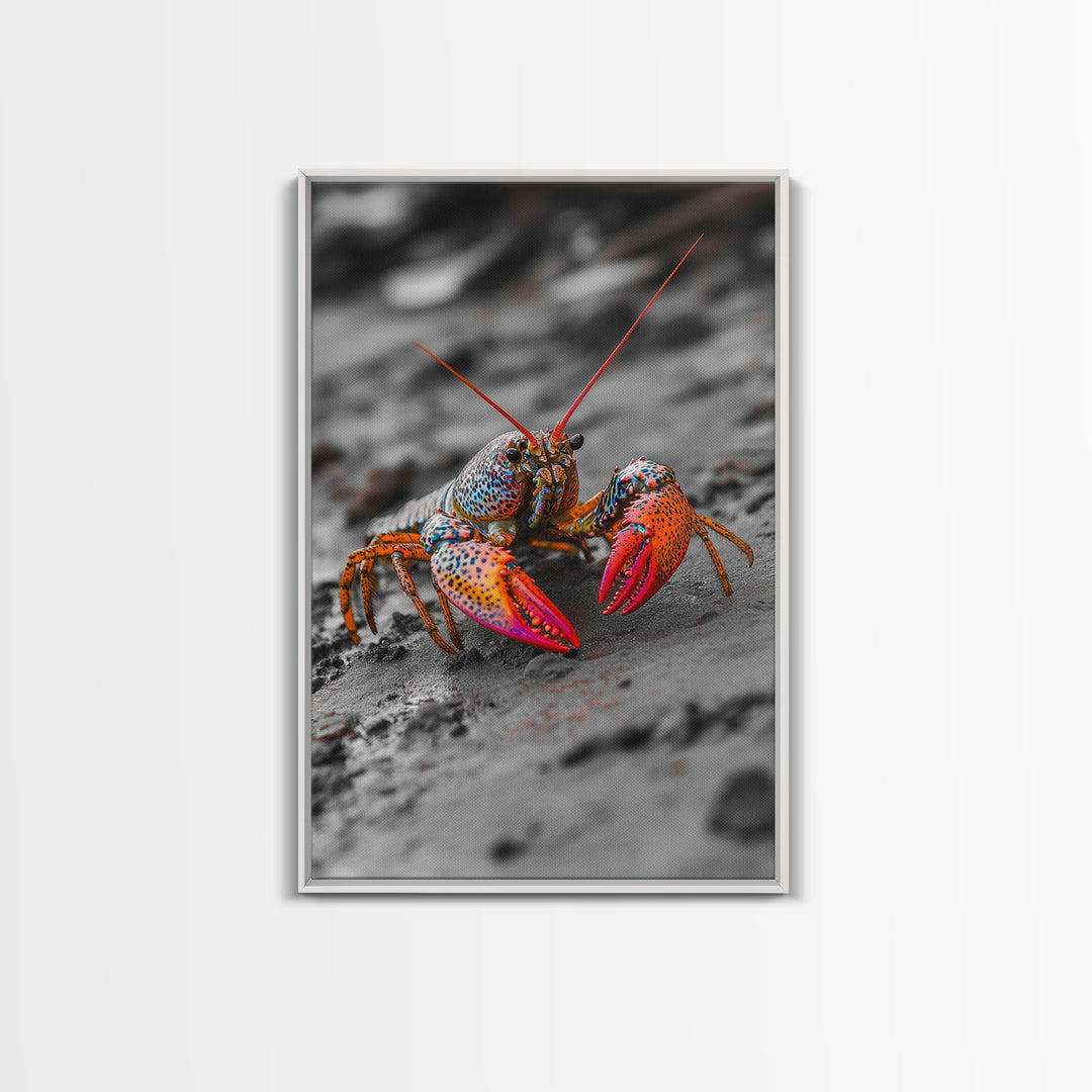 Colorful Lobster, Beach Wildlife, Close-Up Macro Art, Framed Canvas Print, Kitchen Wall Art, Coastal Marine Decor, Vibrant Style