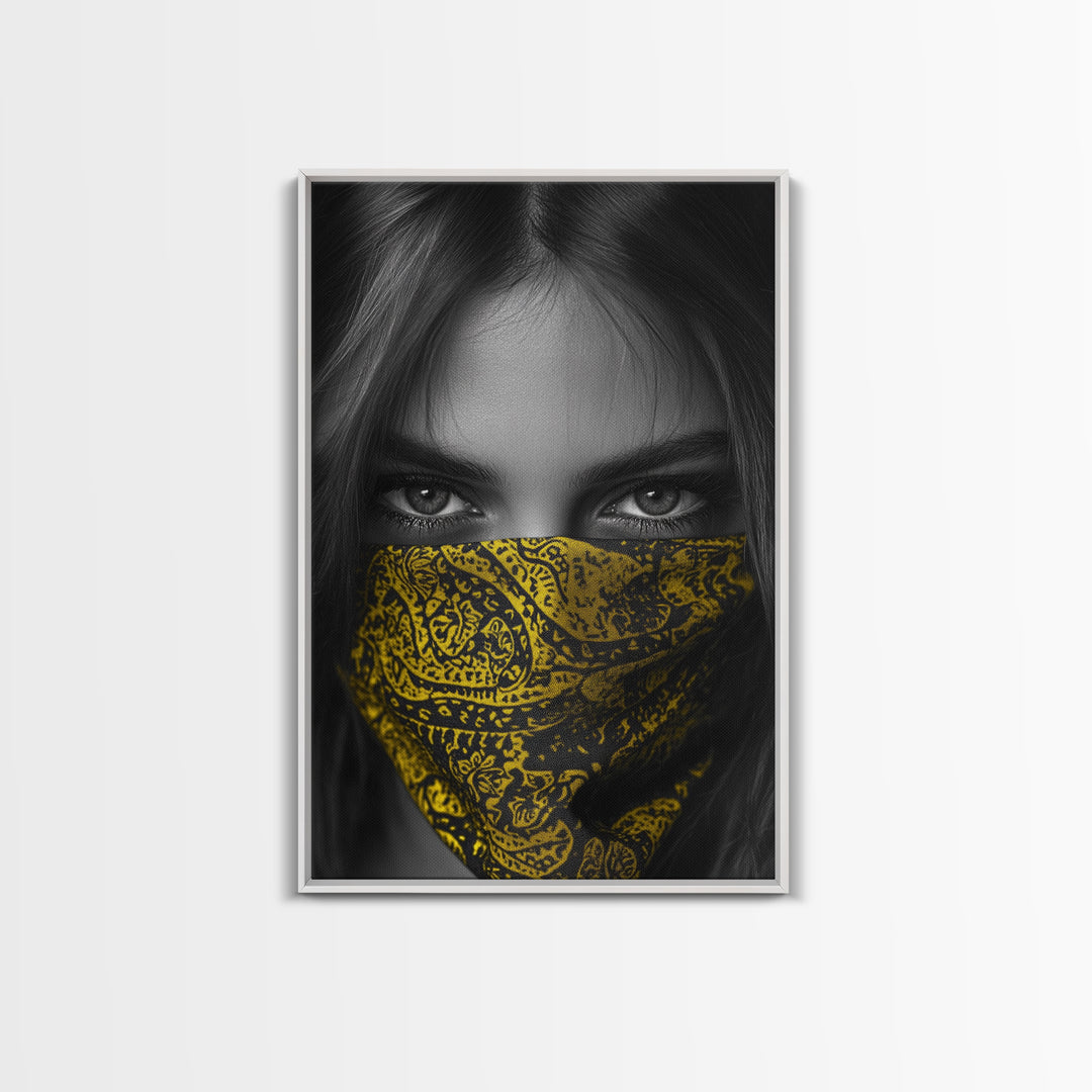 Yellow Bandana Girl, Intense Eyes, Street Portrait, Framed Canvas Print, Modern Photography, Teen Bedroom Wall Art, Bold Style