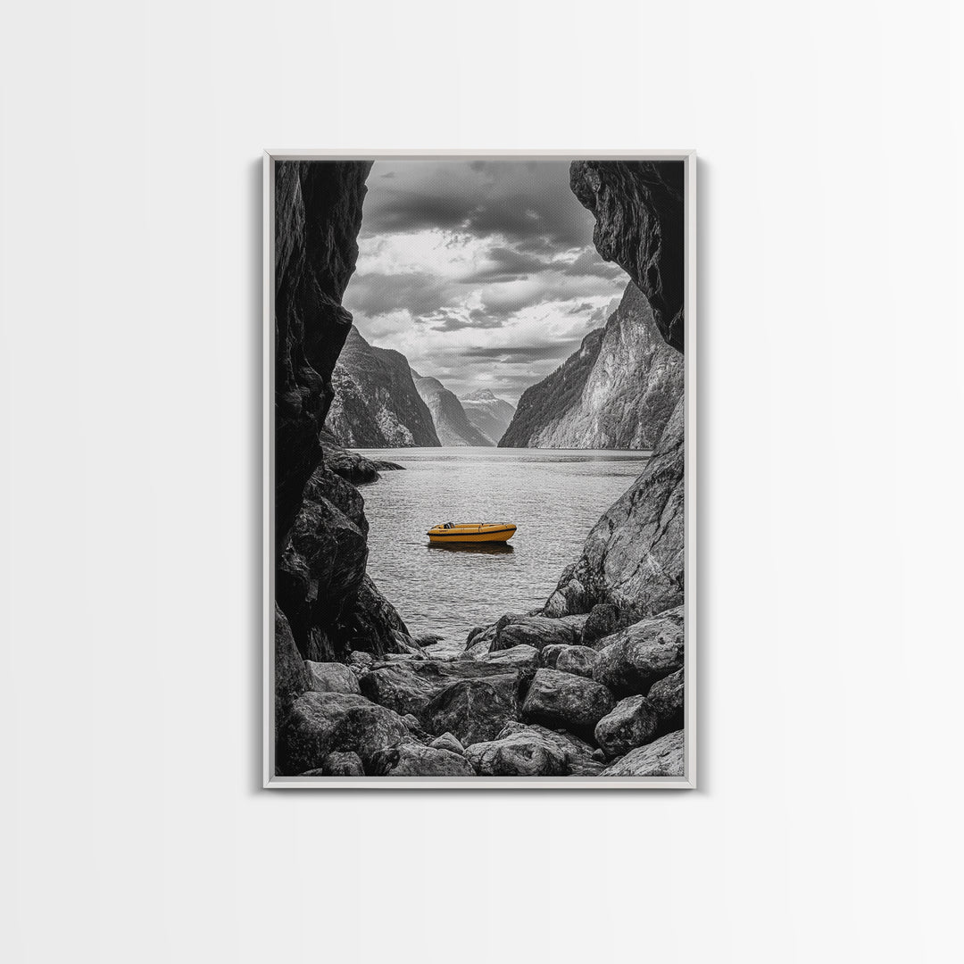 Yellow Boat, Mountain Lake, Serene Fjord Scene, Framed Canvas Print, Minimalist Wall Art, Nature Landscape, Scandinavian Decor