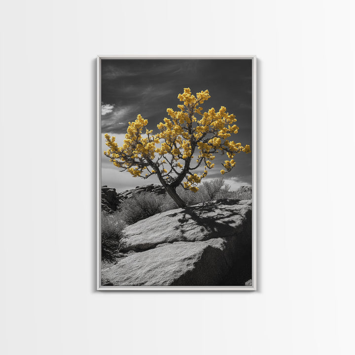 Desert Bloom, Yellow Tree, Rocky Hill, Framed Canvas Print, Southwest Wall Art, Boho Nature Decor, Minimalist Desert Landscape