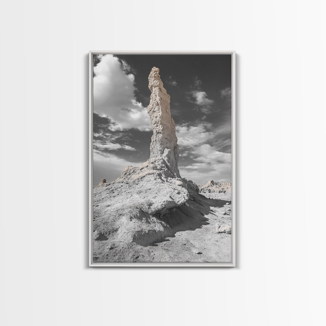 Rock Spire, Desert Monument, Sky Landscape, Framed Canvas Print, Modern Nature Wall Art, Earth Tones Decor, Minimalist Desert Art
