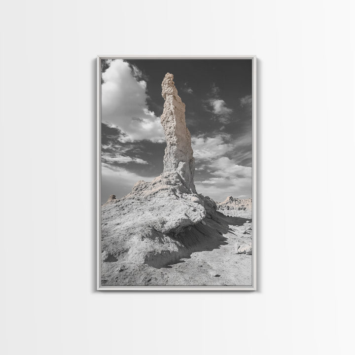 Rock Spire, Desert Monument, Sky Landscape, Framed Canvas Print, Modern Nature Wall Art, Earth Tones Decor, Minimalist Desert Art