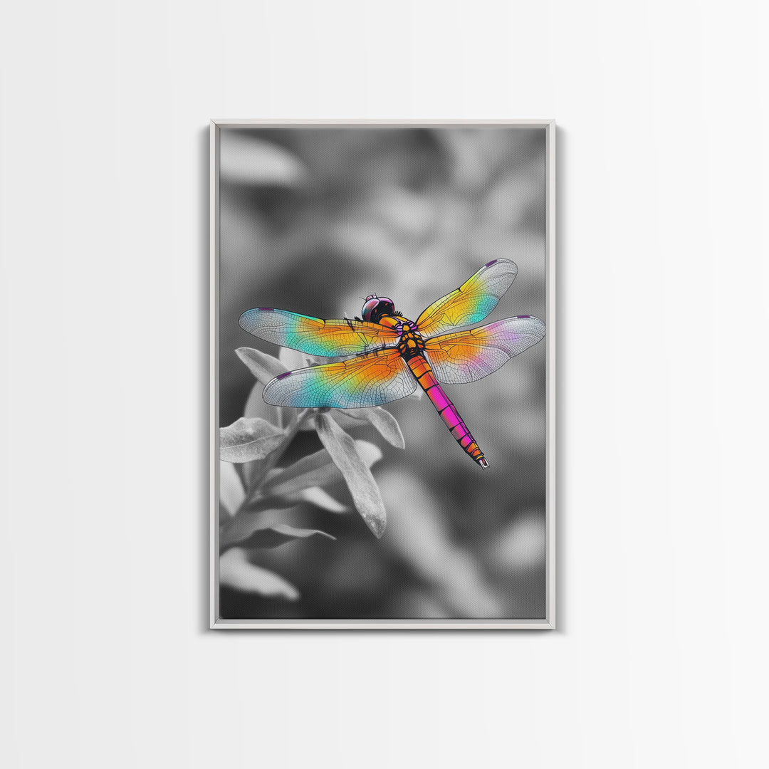 Rainbow Dragonfly, Vibrant Bug, Botanical Contrast, Framed Canvas Print, Nature Inspired Art, Bedroom Wall Decor, Whimsical Garden Accent
