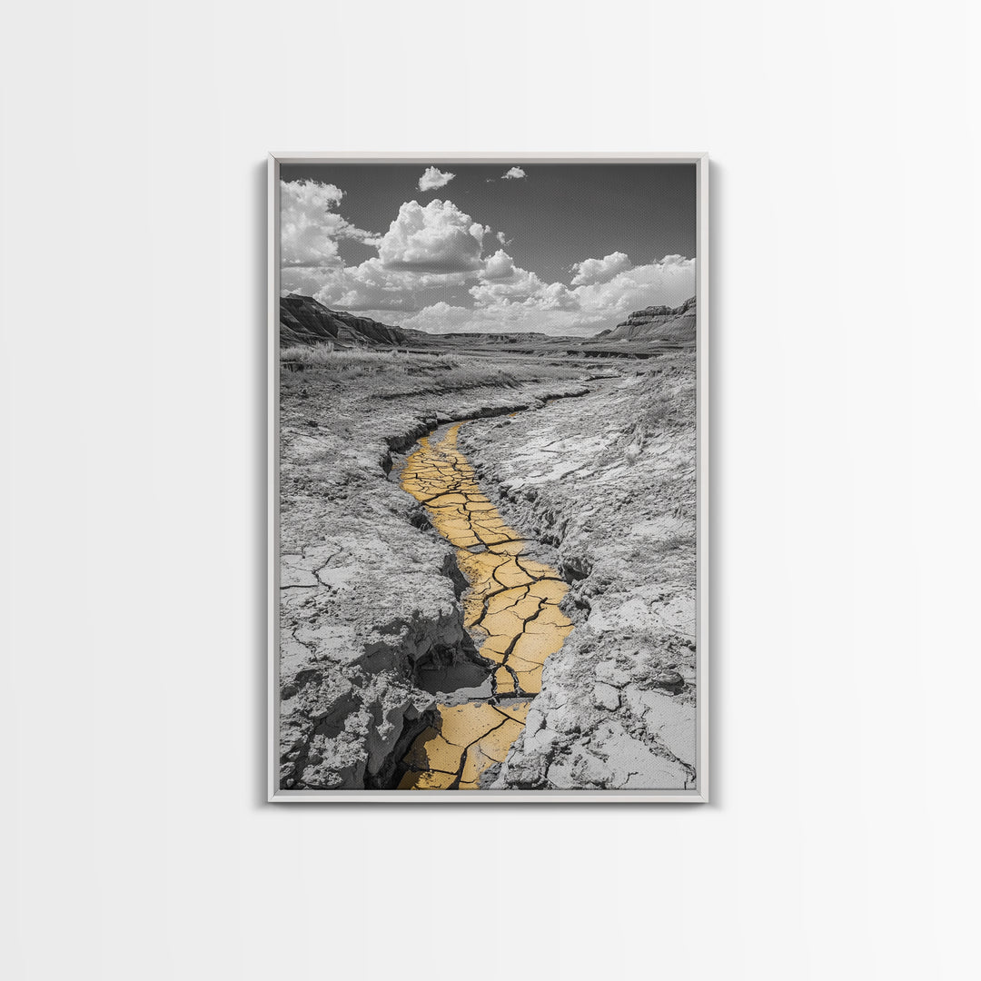 Desert Riverbed, Yellow Crack Trail, Dry Earth Path, Framed Canvas Print, Southwestern Wall Art, Minimalist Nature Decor, Earth Tone Style