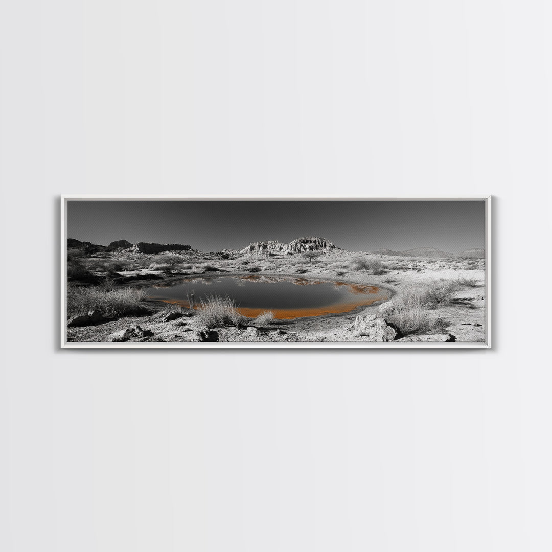Desert Water Reflection, Desert Pond Scene, Minimalist Landscape Art, Framed Canvas Print, Neutral Wall Decor, Tranquil Nature Artwork