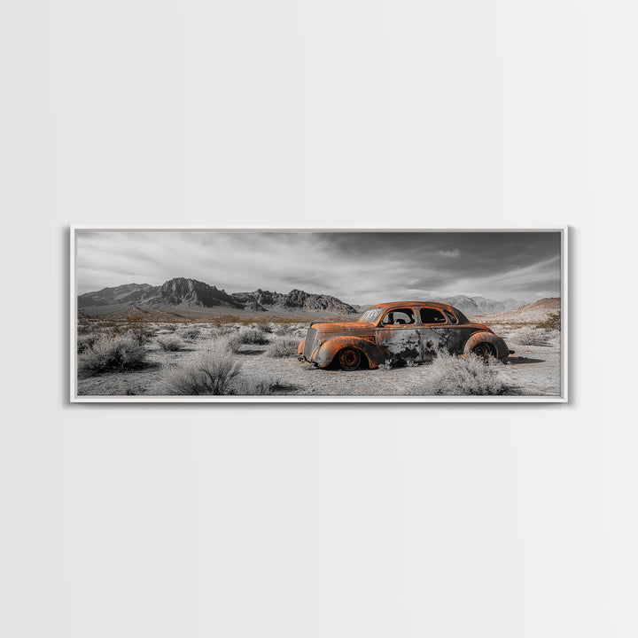 Desert Wreck, Abandoned Car, Moody Landscape, Rusty Vehicle — Framed Canvas Print, Industrial Wall Art, Garage Decor, Western Photography