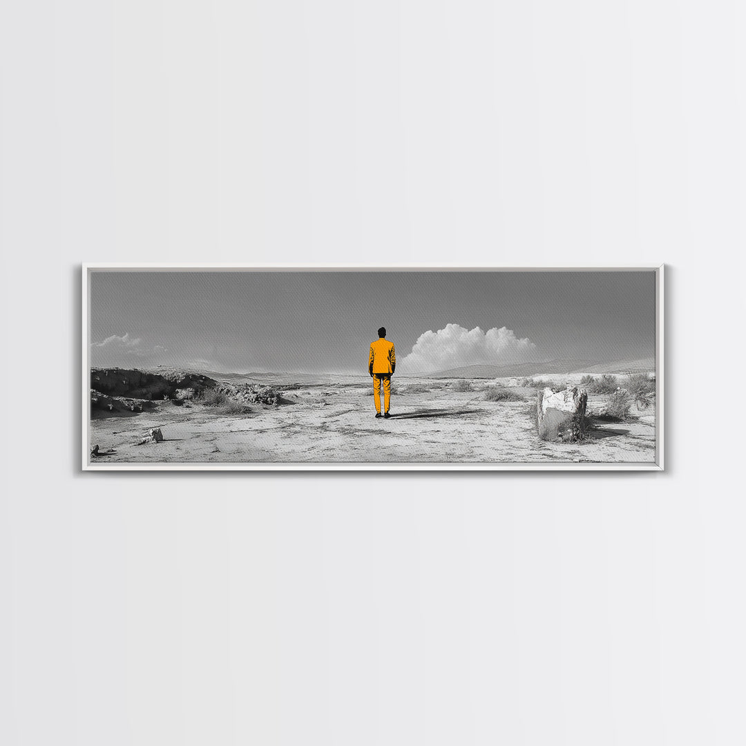 Yellow Suit, Surreal Desert, Lone Wanderer, Conceptual Art — Framed Canvas Print, Modern Art, Office Decor, Minimalist Statement Piece