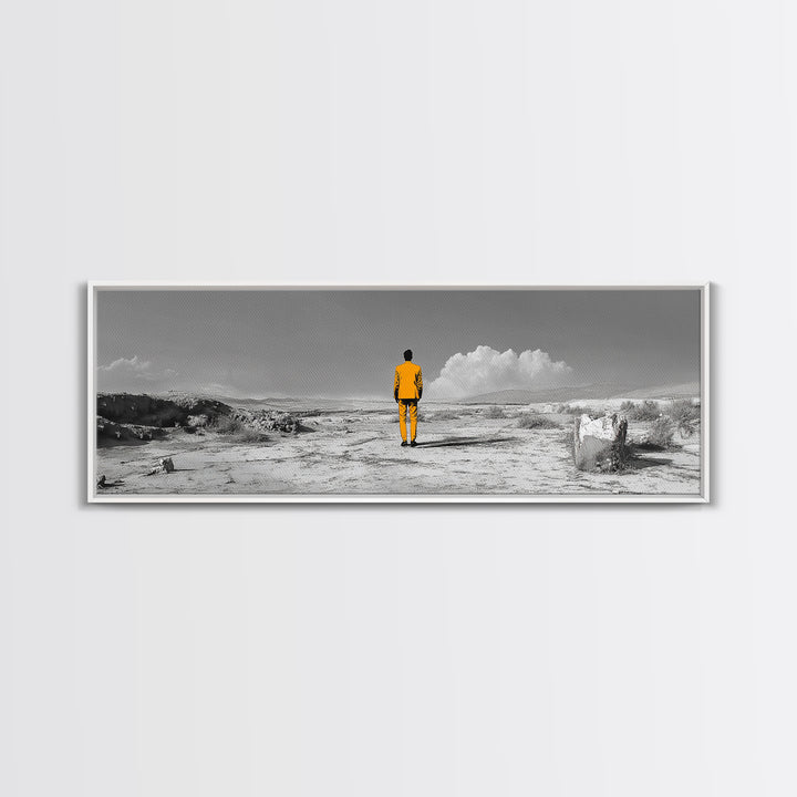 Yellow Suit, Surreal Desert, Lone Wanderer, Conceptual Art — Framed Canvas Print, Modern Art, Office Decor, Minimalist Statement Piece