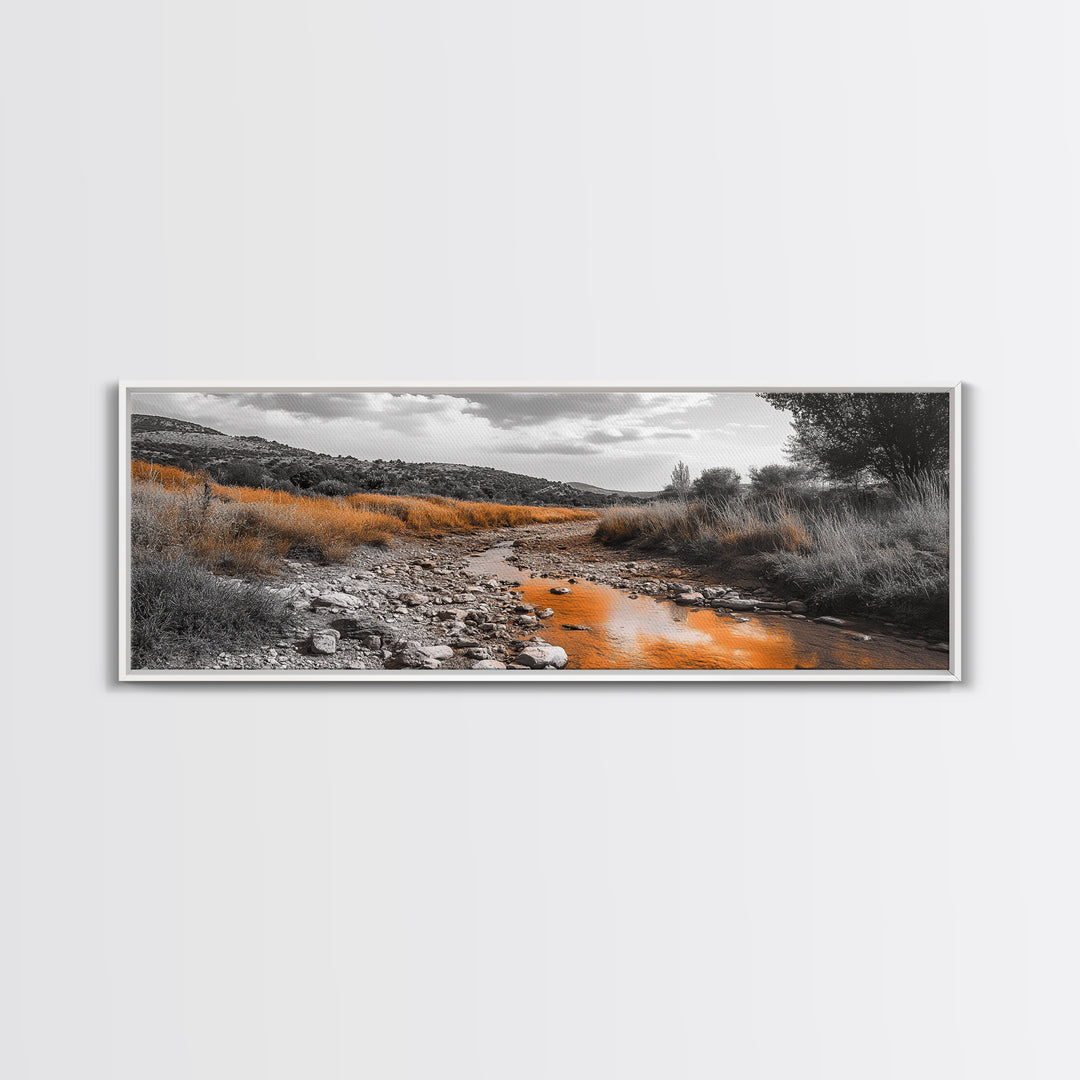 Autumn Stream, Golden Creek, Rustic Nature, Fall Landscape, Framed Canvas Print, Farmhouse Decor, Living Room Wall Art, Earth Tones