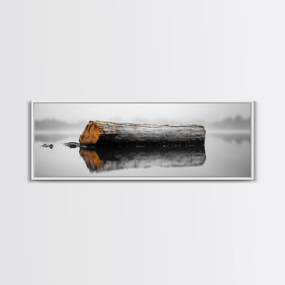 Weathered Log Reflection, Calm Lake Scene, Canvas Print, Minimalist Nature Photography, Zen Bathroom Wall Art, Serene Rustic Decor