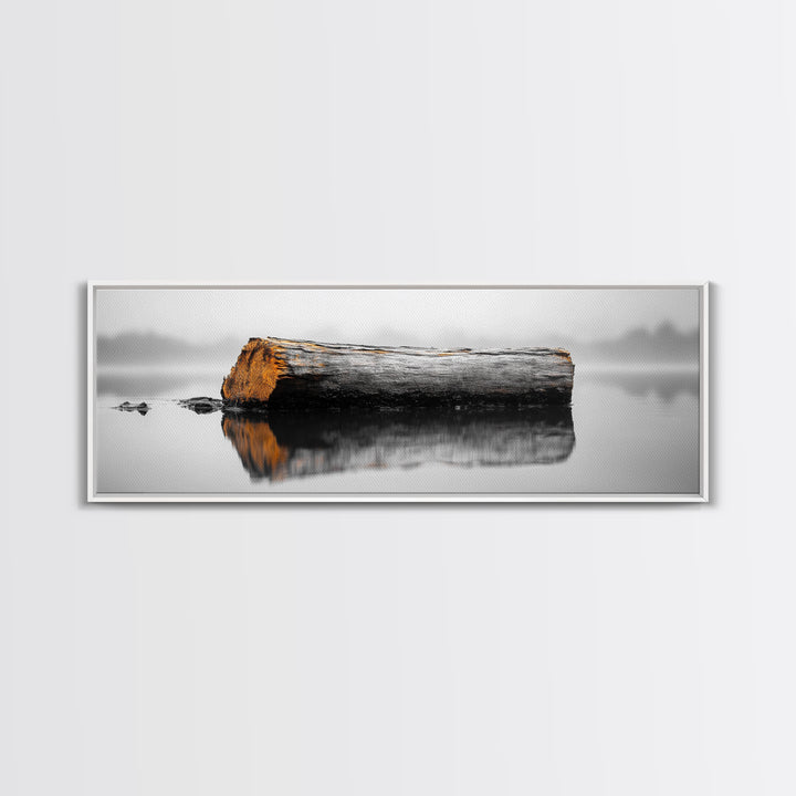 Weathered Log Reflection, Calm Lake Scene, Canvas Print, Minimalist Nature Photography, Zen Bathroom Wall Art, Serene Rustic Decor