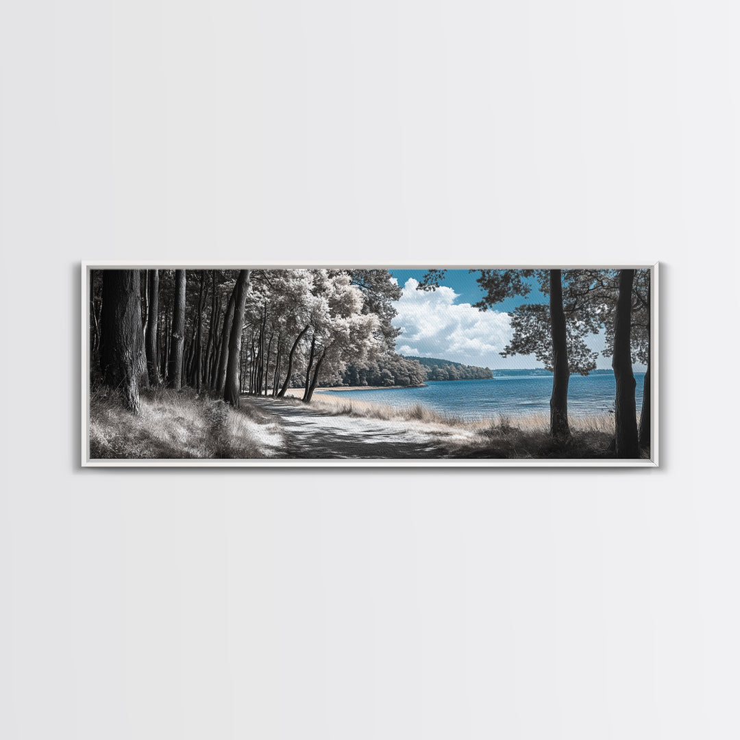 Coastal Forest Path, Lakeside Nature Trail, Tranquil Blue Water, Canvas Print, Minimalist Landscape, Bedroom Wall Art