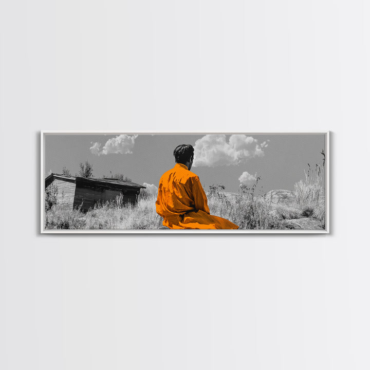 Solitude in Nature, Orange Robe Figure, Mindful Meditation Scene, Canvas Print, Boho Landscape, Zen Room Wall Art, Office Wall Decor