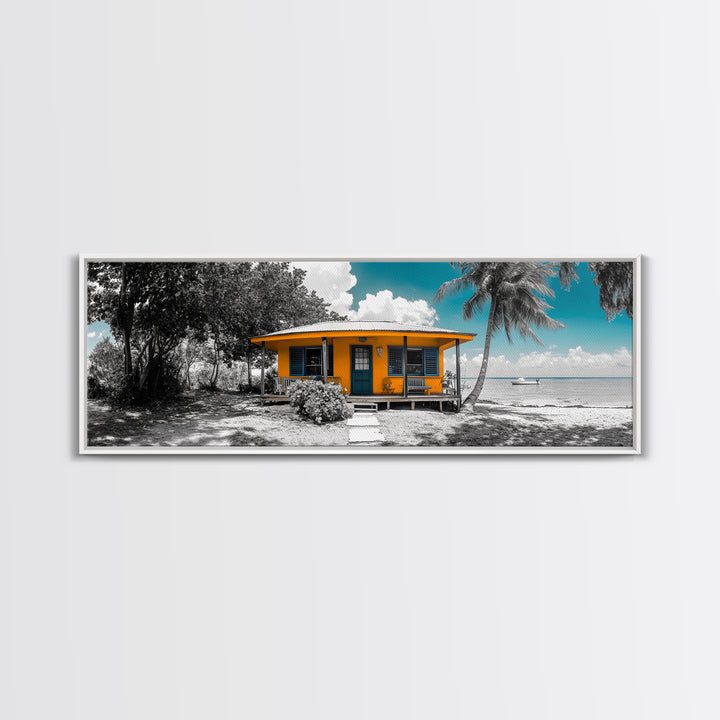 Beach House, Tropical Paradise, Yellow Cabin, Oceanfront View, Framed Canvas Print, Living Room Wall Art, Coastal Home Aesthetic