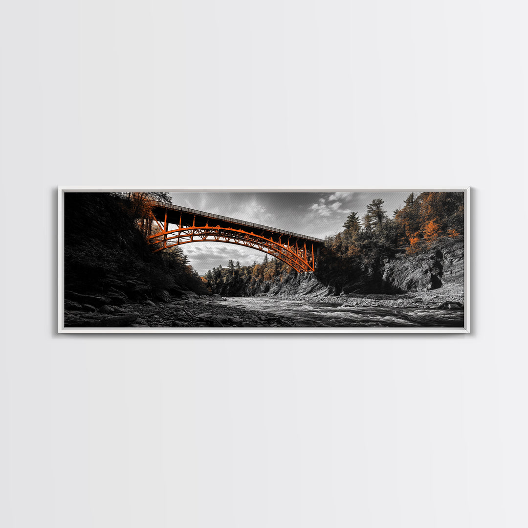 Autumn River Bridge, Orange Iron Arch, Canyon Flow Scene, Framed Canvas Print, Rustic Fall Decor, Entryway Wall Art, Living Room Decor