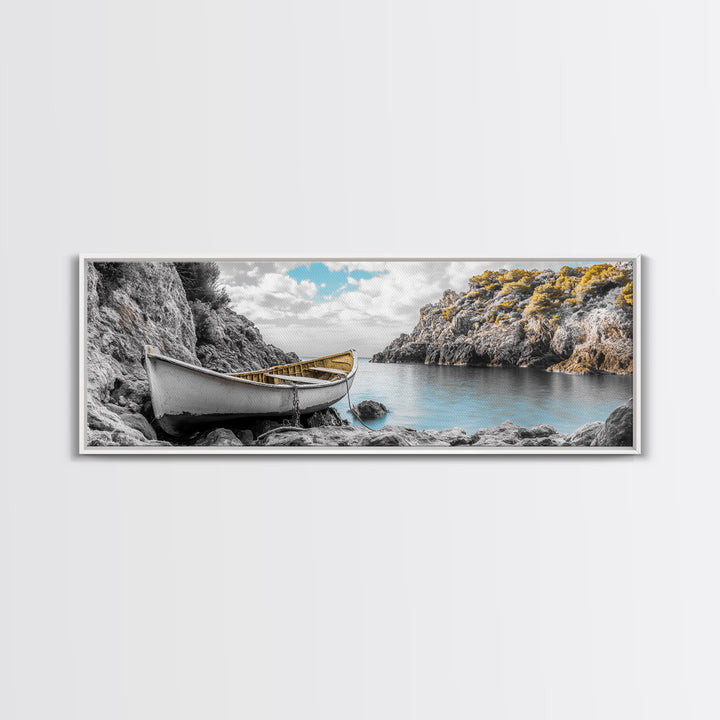 Abandoned Rowboat, Rustic Shore, Autumn Cove, Island Serenity, Framed Canvas Print, Lakehouse Decor, Coastal Wall Art, Nature Print