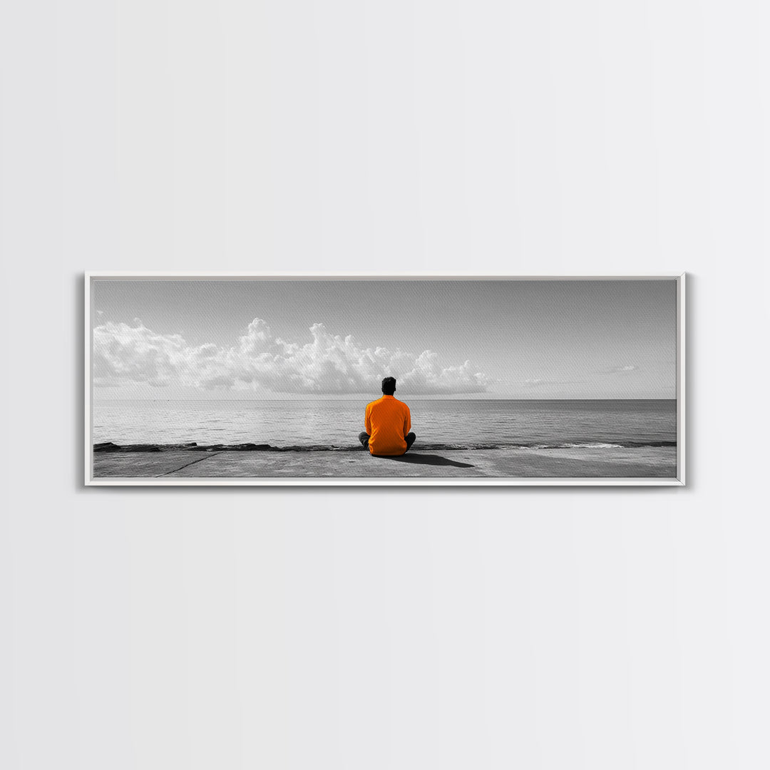 Orange Jacket, Solitude Man, Sea Gaze, Minimal Mood, Framed Canvas Print, Office Wall Art, Modern Decor, Reflective Photography