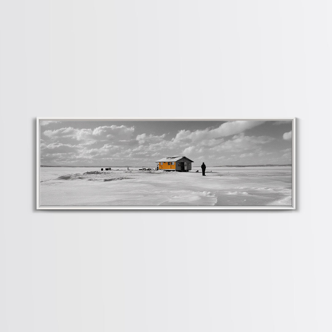 Winter Fishing, Ice House, Snowy Sky, Arctic Chill, Framed Canvas Print, Cabin Wall Art, Minimalist Winter Decor, Monochrome Scene