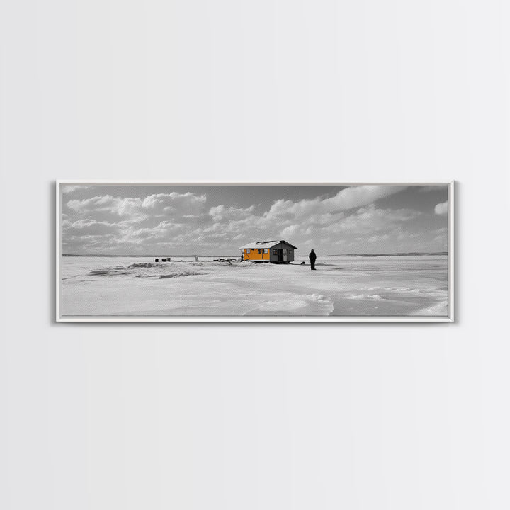 Winter Fishing, Ice House, Snowy Sky, Arctic Chill, Framed Canvas Print, Cabin Wall Art, Minimalist Winter Decor, Monochrome Scene