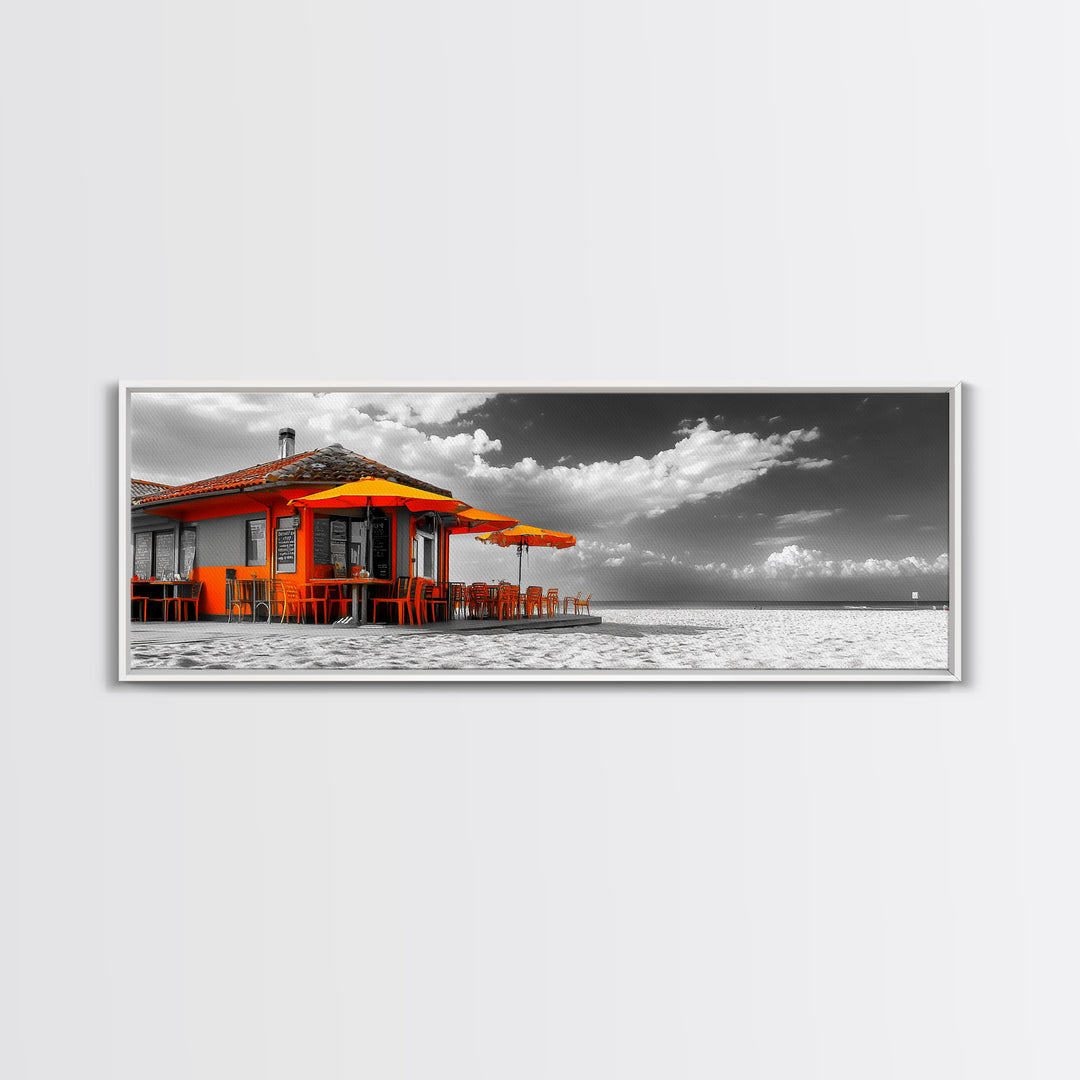 Beach Cafe, Orange Umbrellas, Seaside Dining, Sunny Vibes, Framed Canvas Print, Kitchen Wall Art, Summer Coastal Style