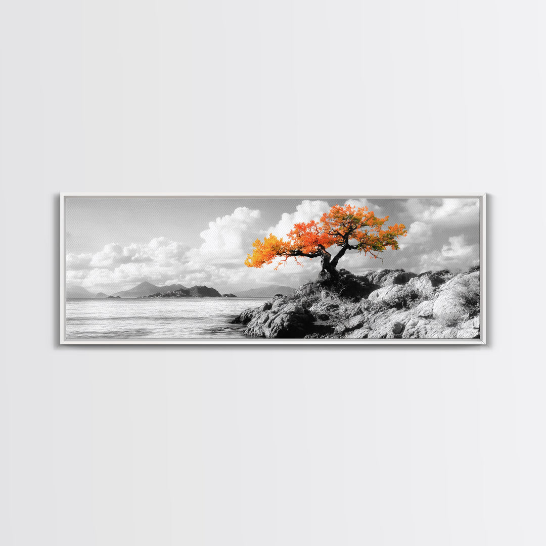 Autumn Tree, Coastal Cliff, Ocean Horizon, Framed Canvas Print, Autumn decor, rustic wall art, minimalist nature, neutral tones