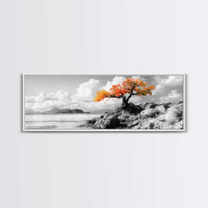 Autumn Tree, Coastal Cliff, Ocean Horizon, Framed Canvas Print, Autumn decor, rustic wall art, minimalist nature, neutral tones