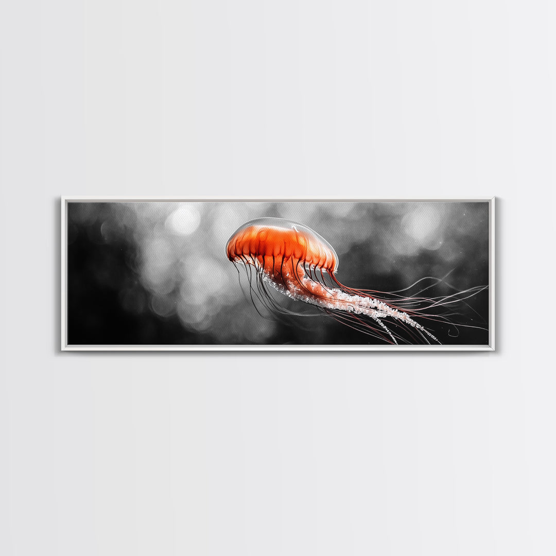 Jellyfish Glow, Ocean Depths, Abstract Sea Life, Framed Canvas Print, marine animal art, coastal bathroom decor, modern underwater wall art