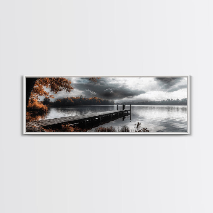 Autumn Lake, Stormy Sky, Wooden Dock, Canvas Print, fall landscape wall art, cozy home decor, cabin style print, orange forest reflections