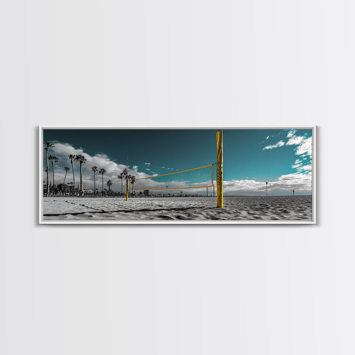 Beach Volleyball, Palm Trees, Summer Sport, Coastal Minimalism, Framed Canvas Print, Rec Room Wall Art, Sporty Vibe Decor