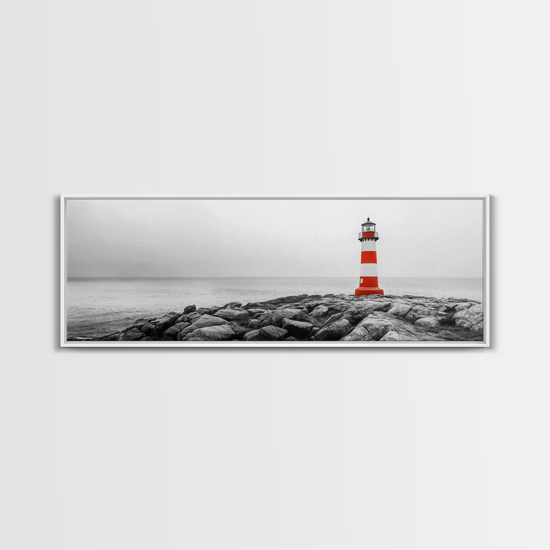 Rocky Shore, Coastal Guide, Red Lighthouse, Ocean Cliff Scene, Framed Canvas Print, Nautical Wall Decor, Bathroom Wall Art, Minimalist Art