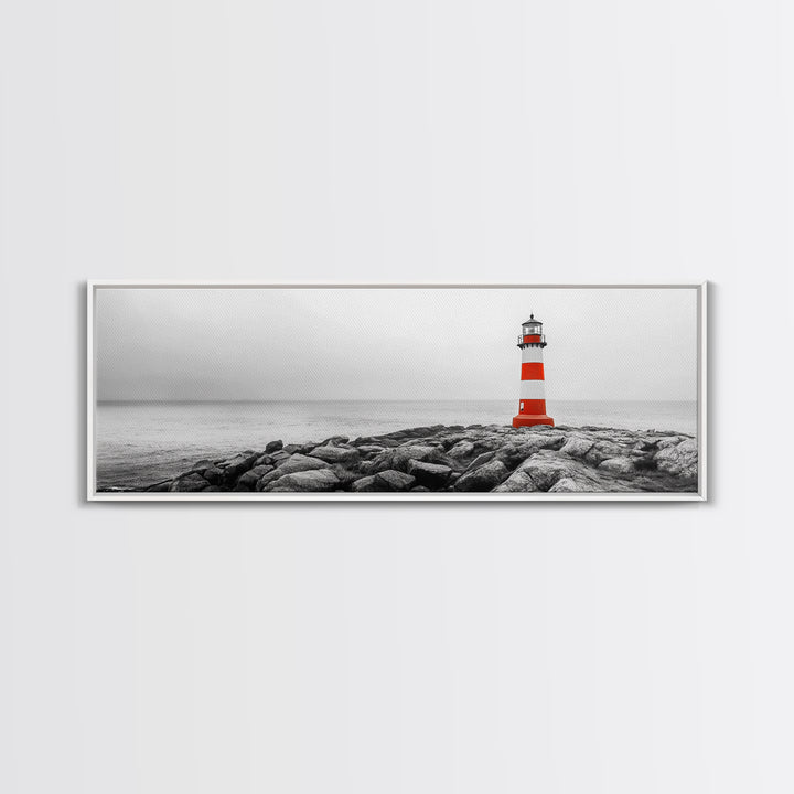 Rocky Shore, Coastal Guide, Red Lighthouse, Ocean Cliff Scene, Framed Canvas Print, Nautical Wall Decor, Bathroom Wall Art, Minimalist Art
