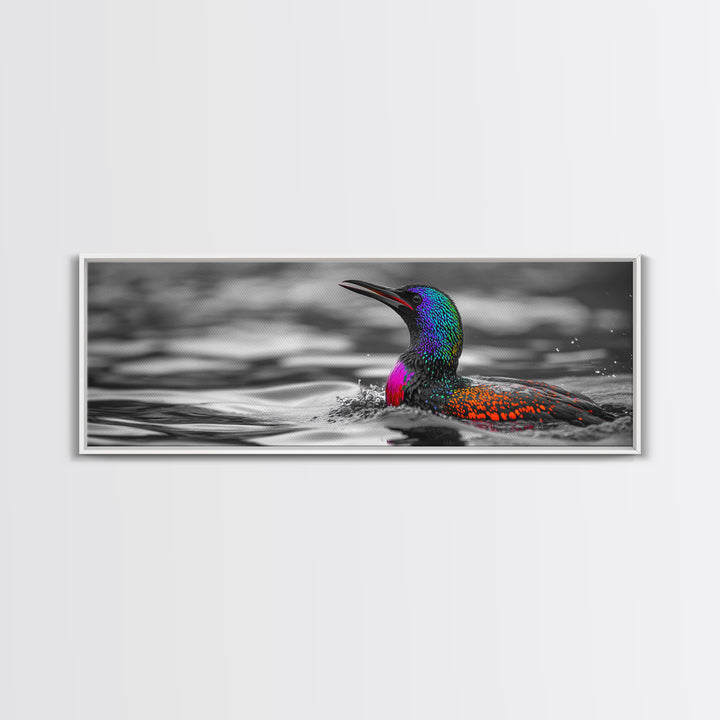 Colorful Loon, Rainbow Feathers, Water Splash, Unique Wildlife, Framed Canvas Print, Bathroom Wall Art, Eclectic Style, Birdwatcher Gift