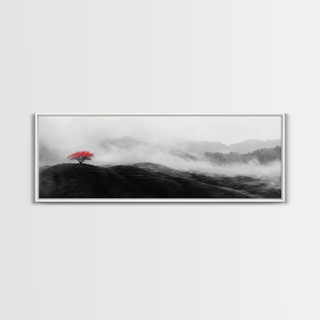 Lone Red Tree, Misty Hills, Minimalist Landscape, Framed Canvas Print, serene bedroom wall art, abstract black and white decor