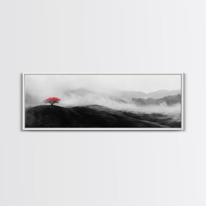 Lone Red Tree, Misty Hills, Minimalist Landscape, Framed Canvas Print, serene bedroom wall art, abstract black and white decor