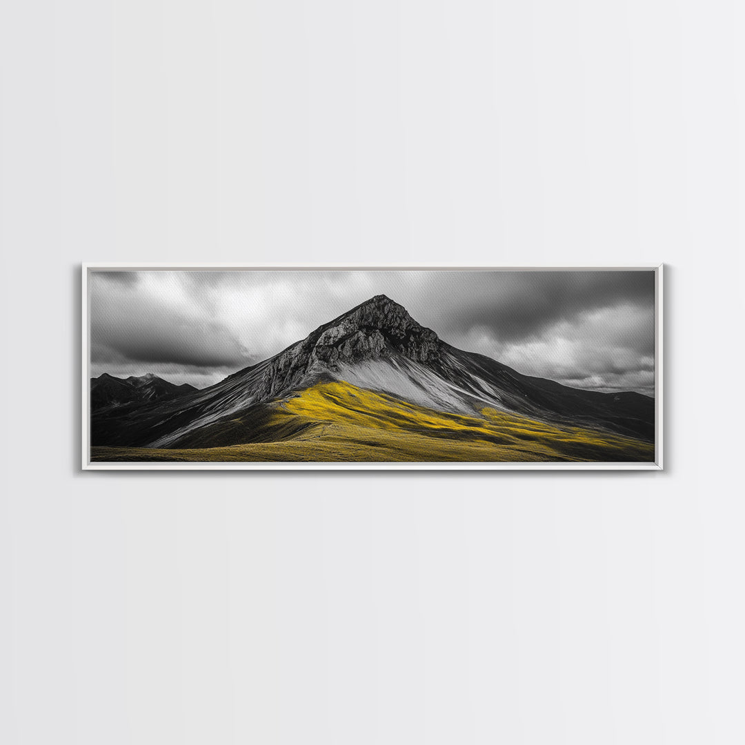 Black Mountain Peak, Moody Sky, Bold Yellow Hillside, Framed Canvas Print, Nature Art, Bedroom Wall Decor, Modern Landscape Print